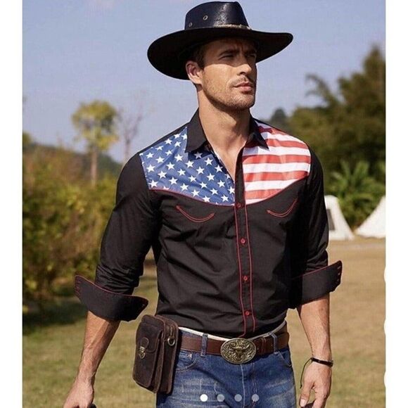 Coofandy Mens Button Front Shirt Western American Flag Long Sleeve Collar Large - Picture 1 of 10